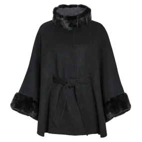 Cashmere and Wool Rex Fur Cape - Charcoal Grey