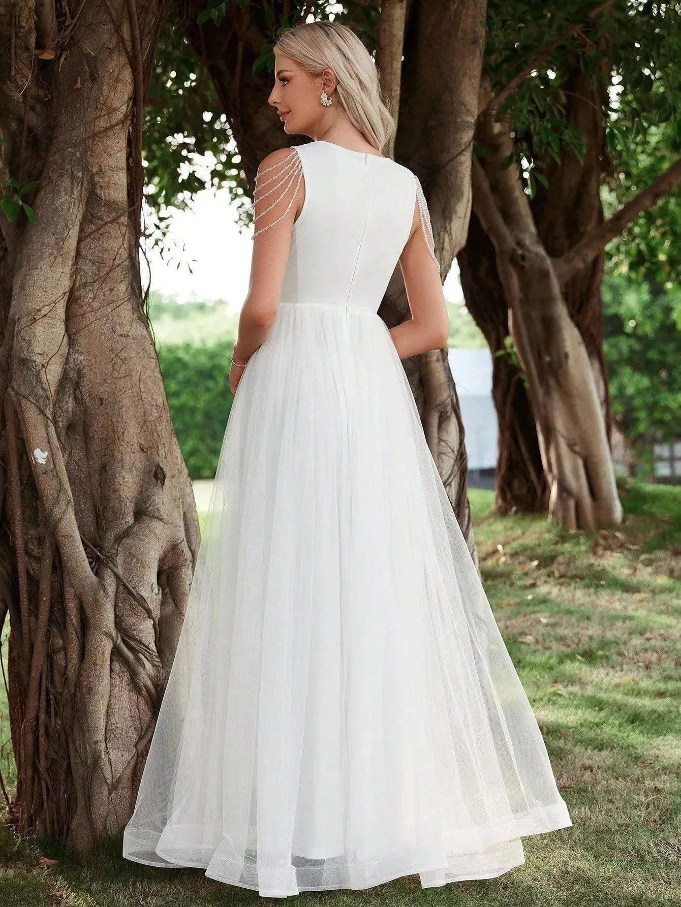 Chain Detail Plunging Neck Mesh Wedding Dress