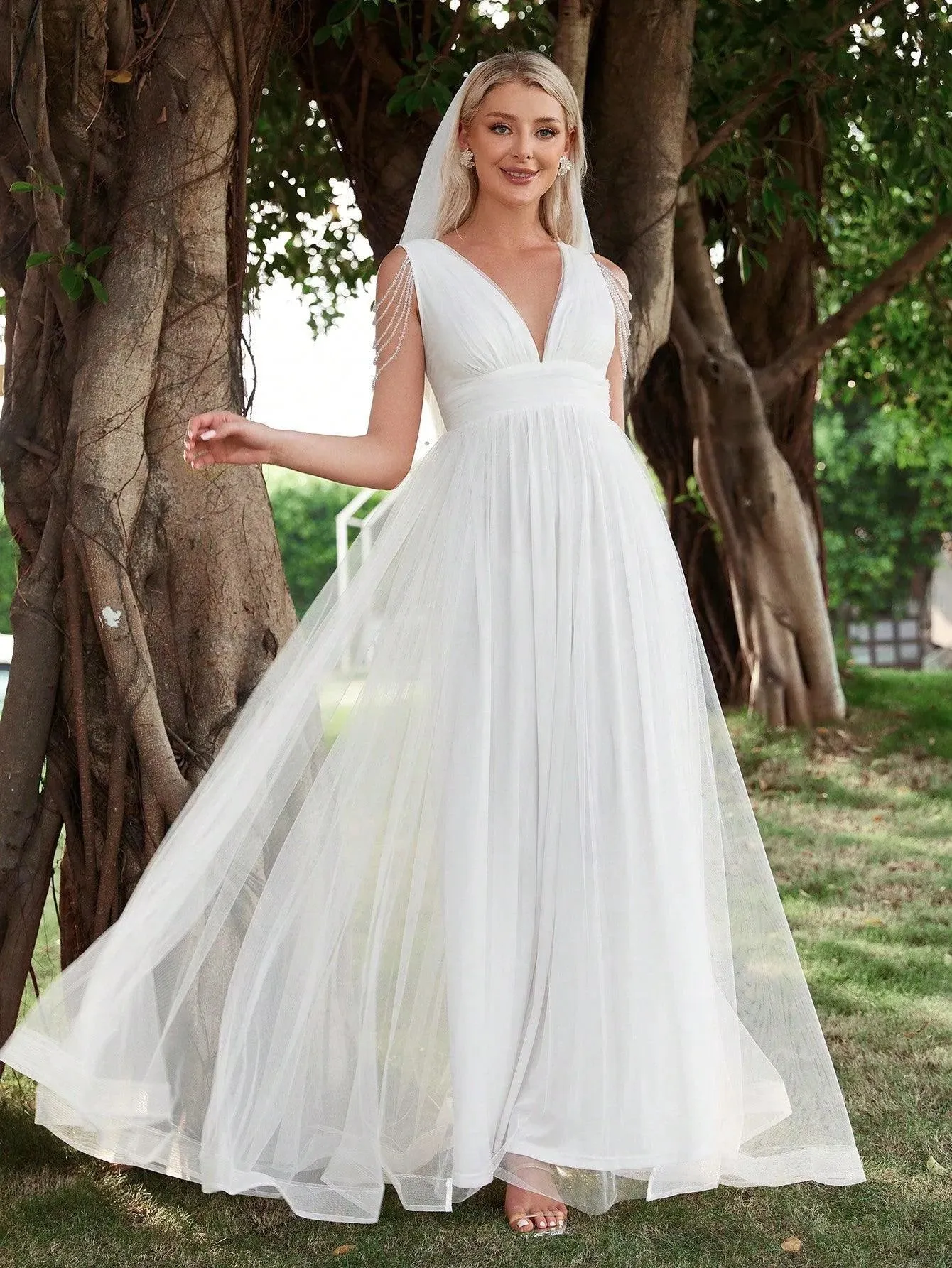 Chain Detail Plunging Neck Mesh Wedding Dress