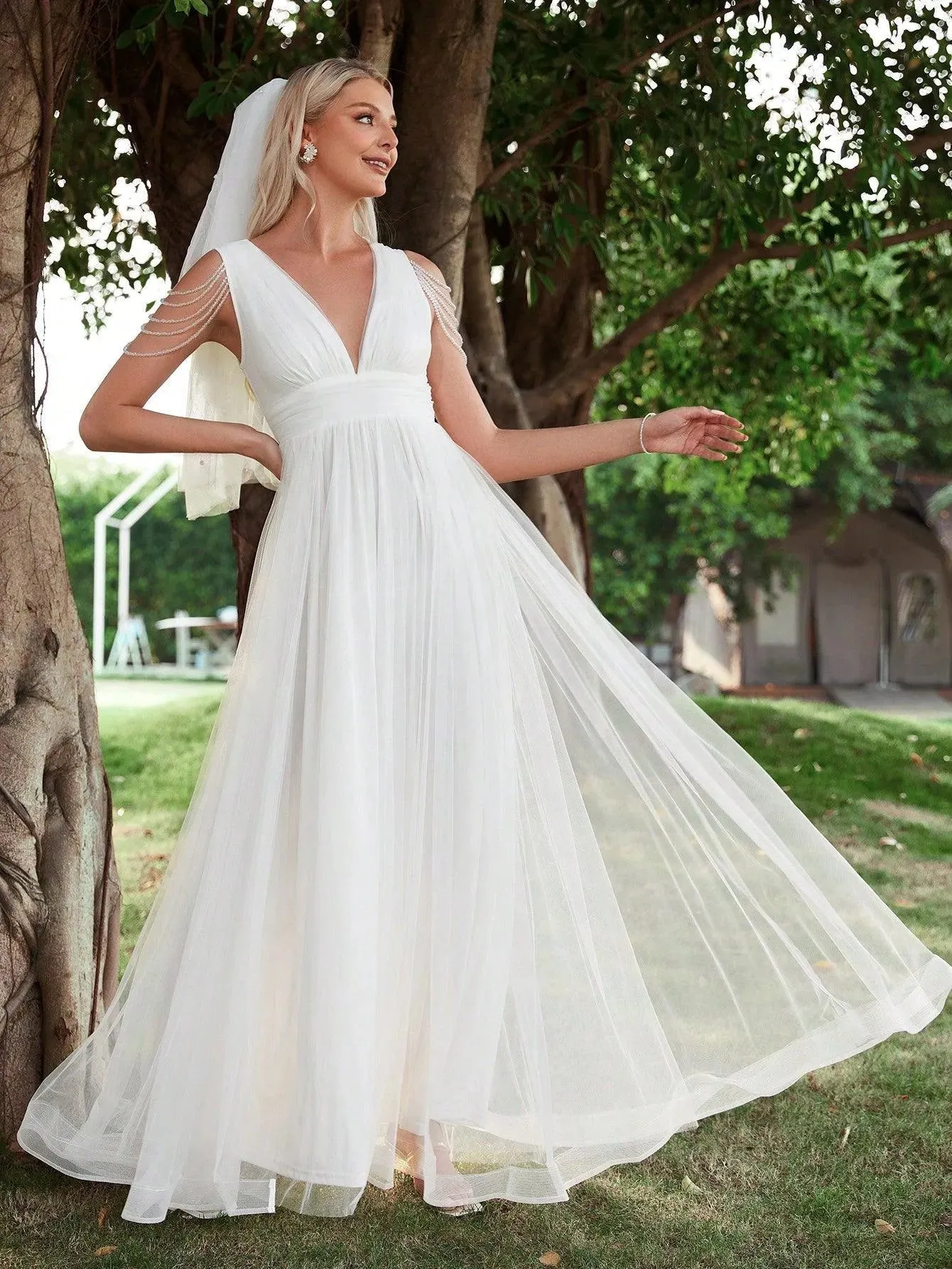 Chain Detail Plunging Neck Mesh Wedding Dress