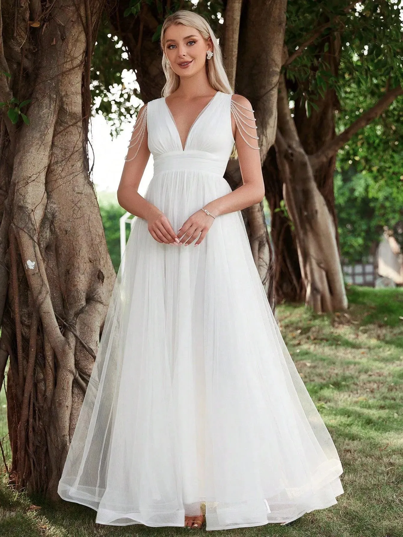 Chain Detail Plunging Neck Mesh Wedding Dress