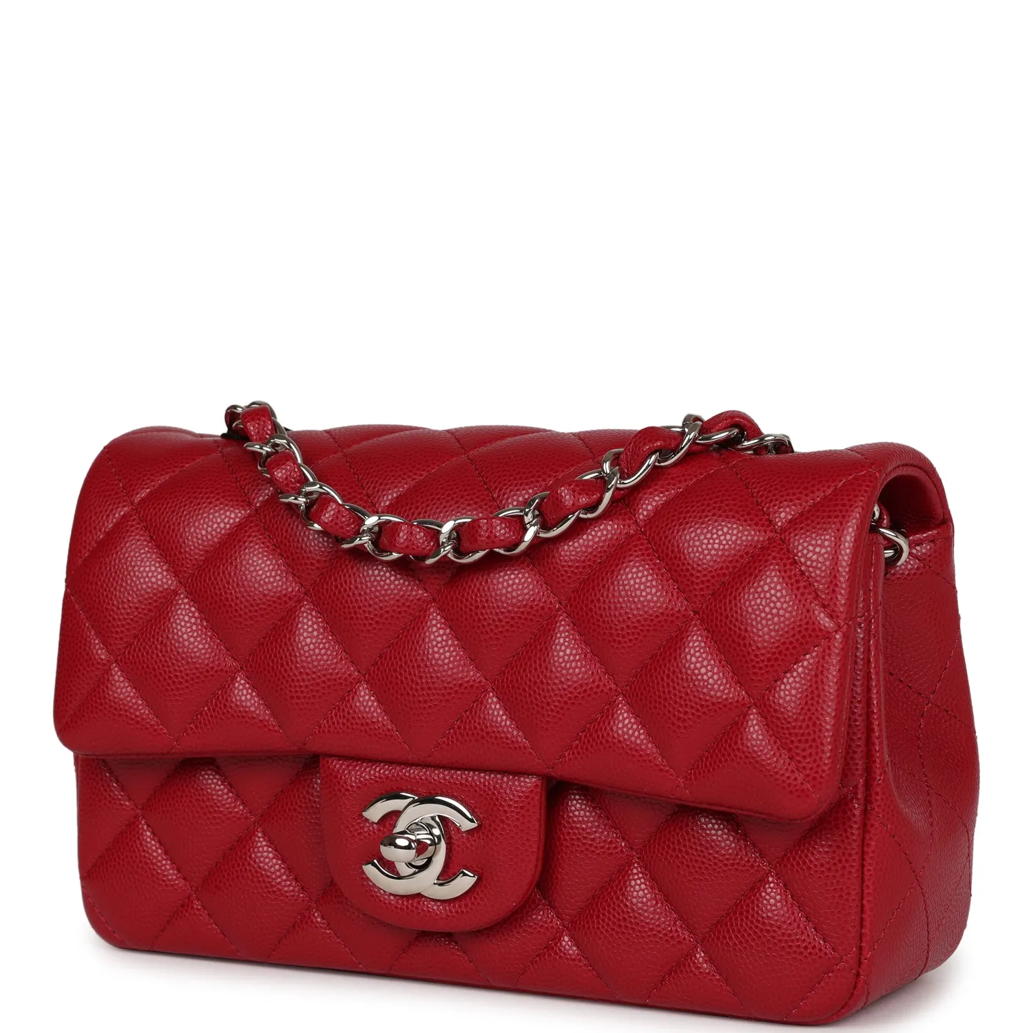 Chanel Mini Rectangular Flap Bag Red Caviar Silver Hardware