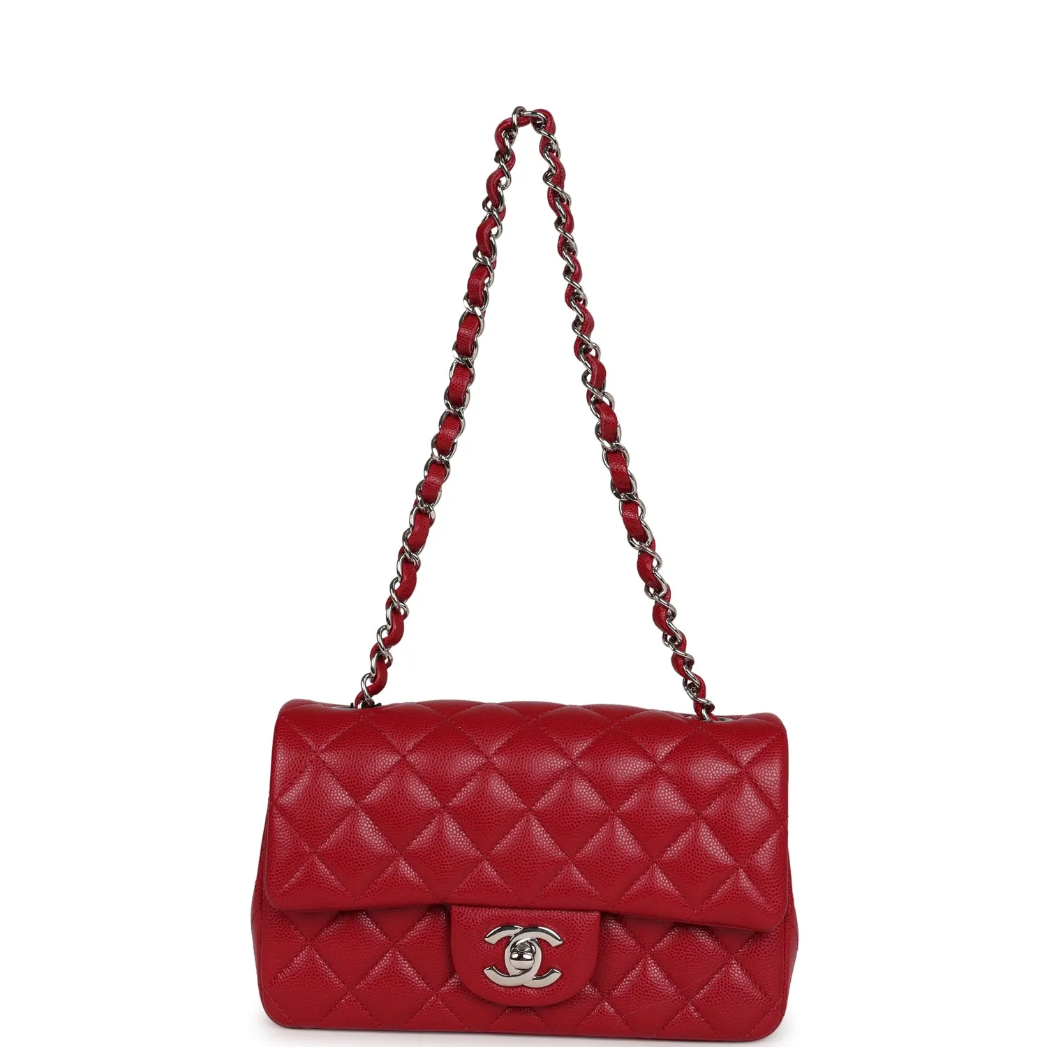 Chanel Mini Rectangular Flap Bag Red Caviar Silver Hardware