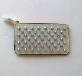 Christian Louboutin Credilou White Irridescent Card Case Compact Wallet Snow Silver