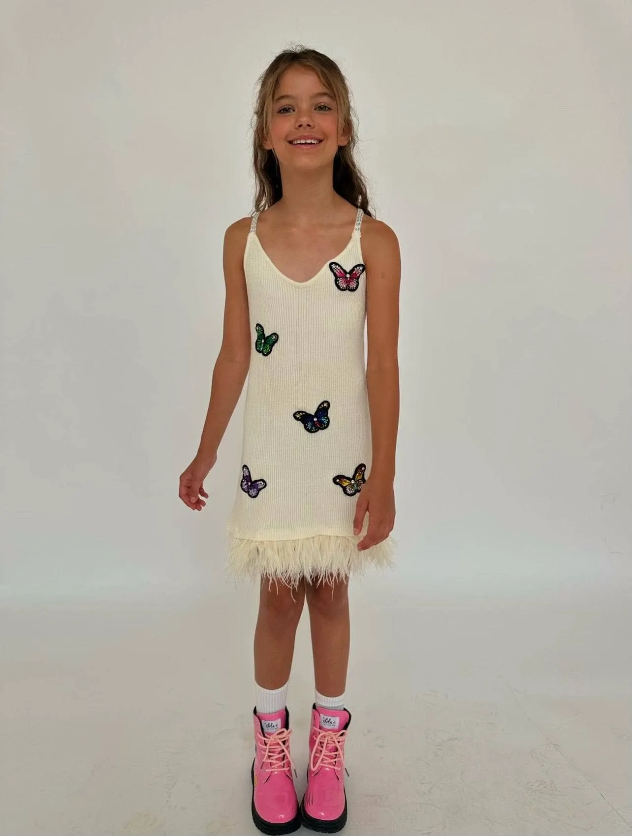 Crystal Butterfly Feather Trims Dress