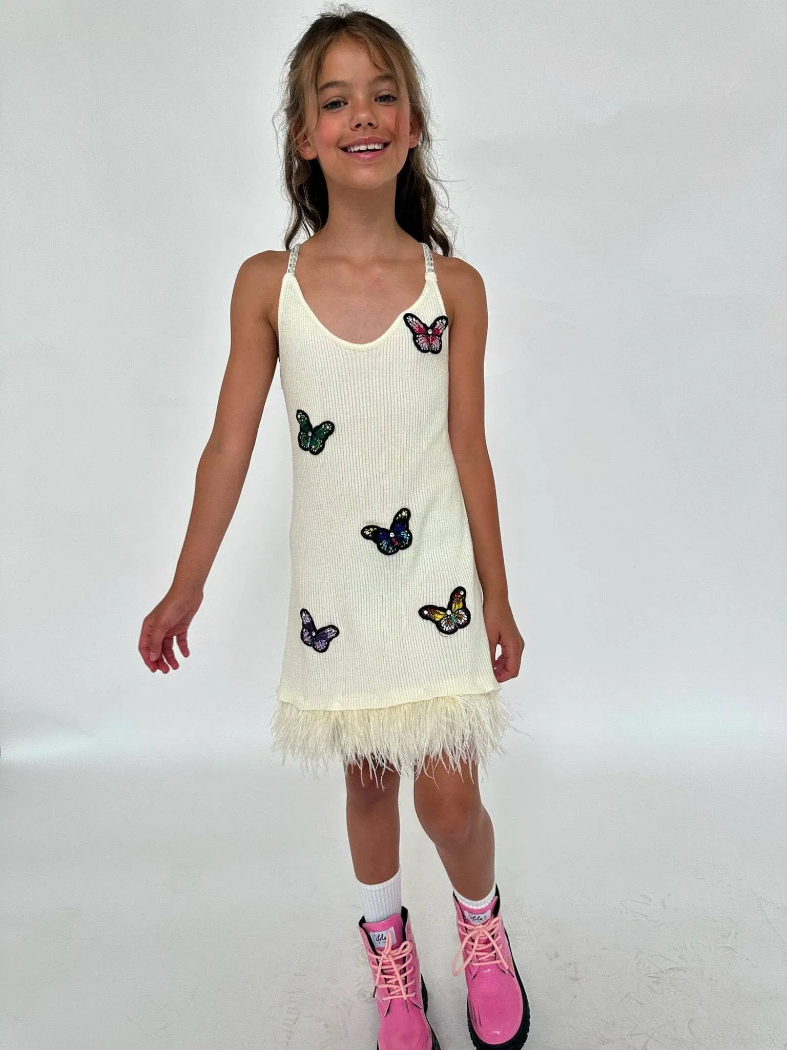 Crystal Butterfly Feather Trims Dress