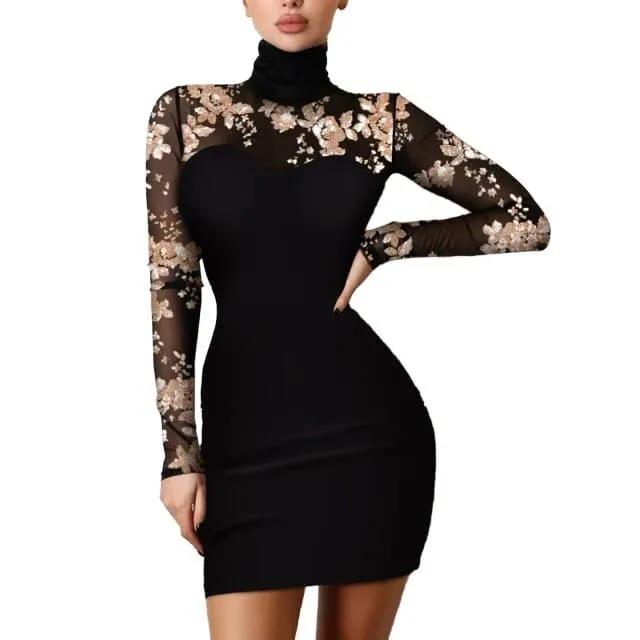 DressBetty - Women Fashion Glitter Split Hems Contrast Mesh DressTurtleneck Long Sleeve Female Dresses Party Culb Dress