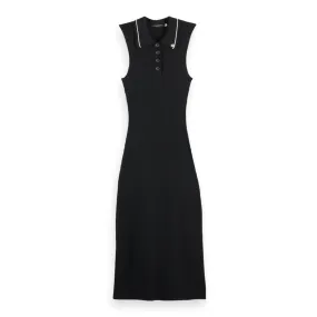 Evening Black Ribbed Collared Knitted Dress