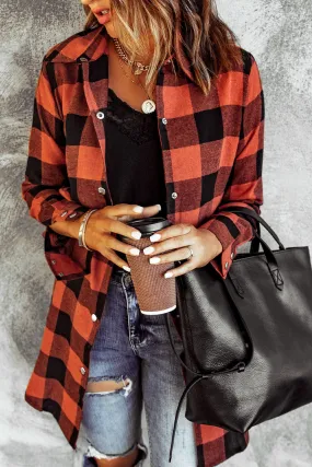 Fiery Red Turn-down Collar Plaid Shirt Coat