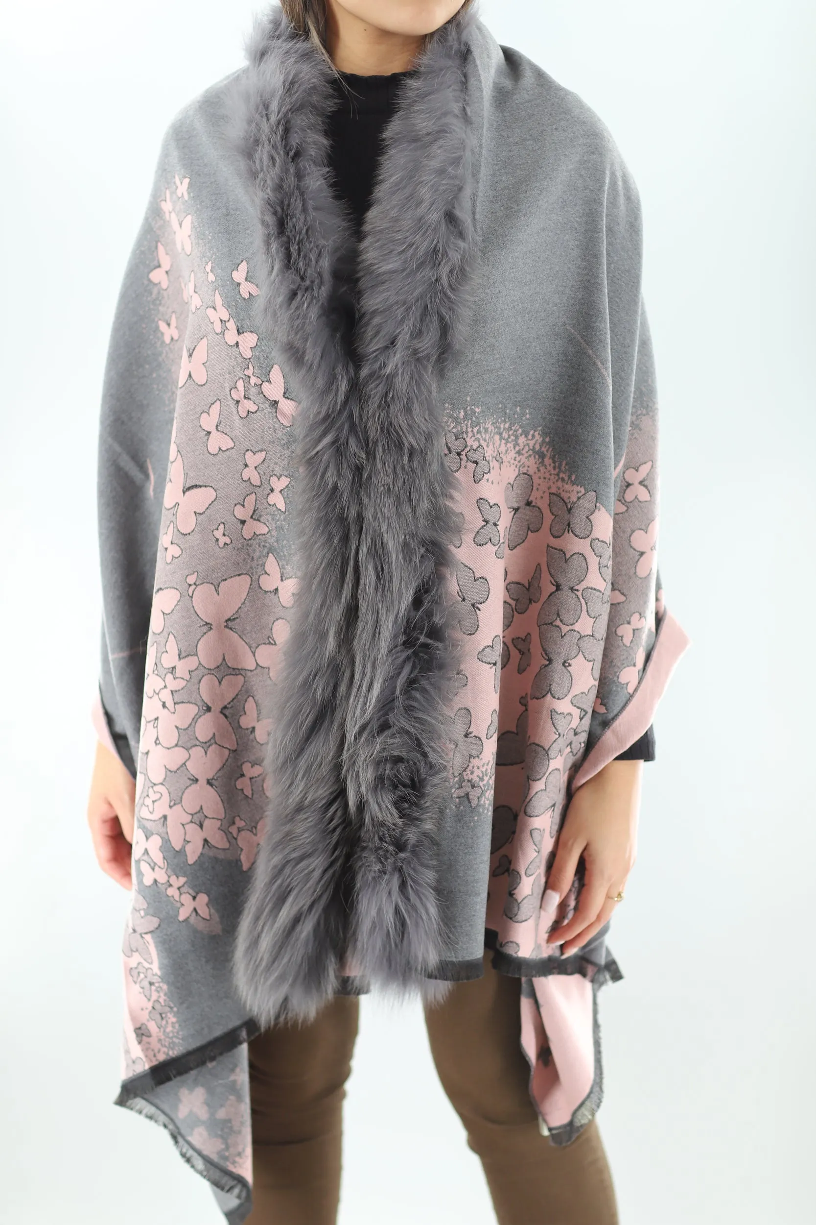 FUR TRIM WRAP- GREY