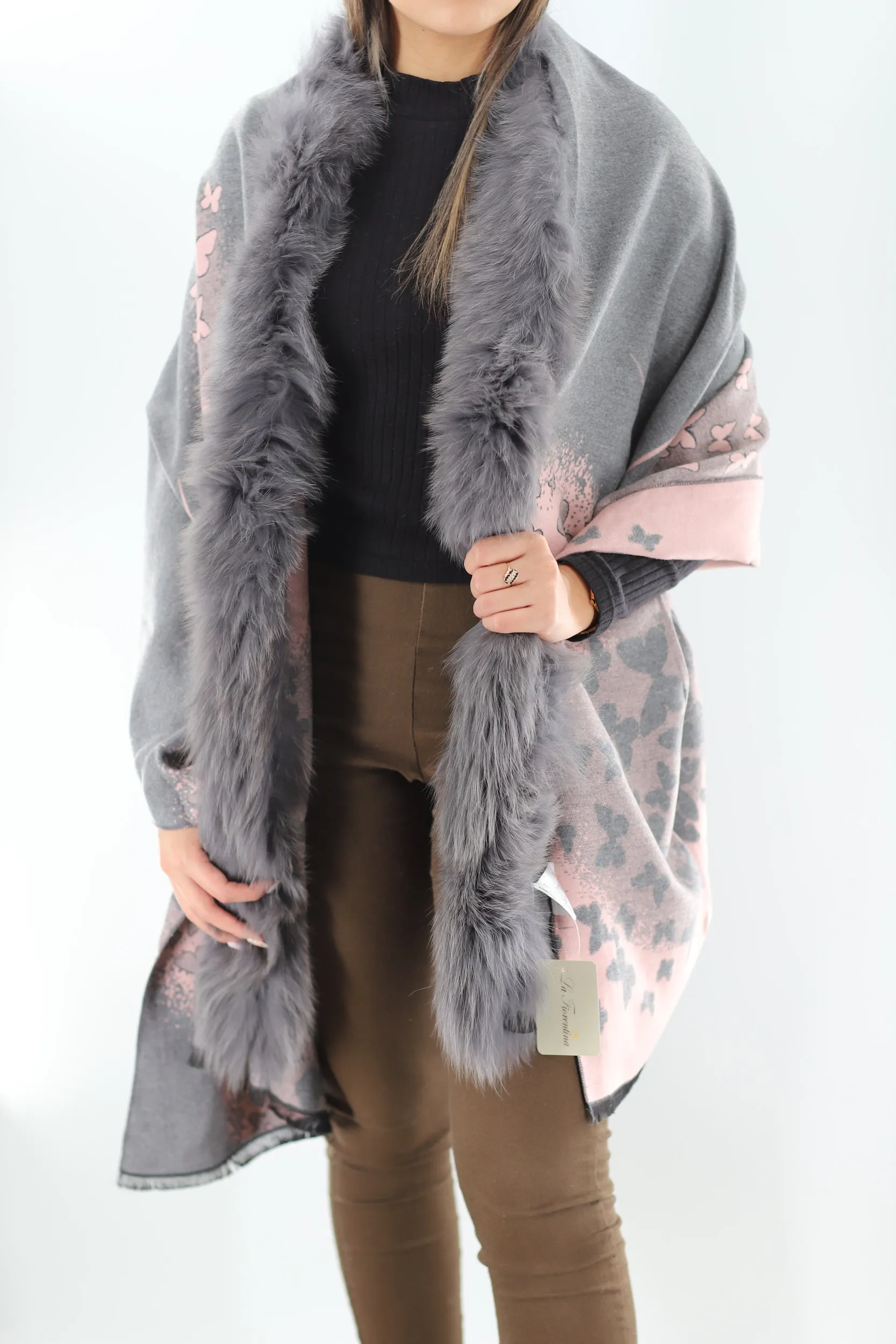 FUR TRIM WRAP- GREY