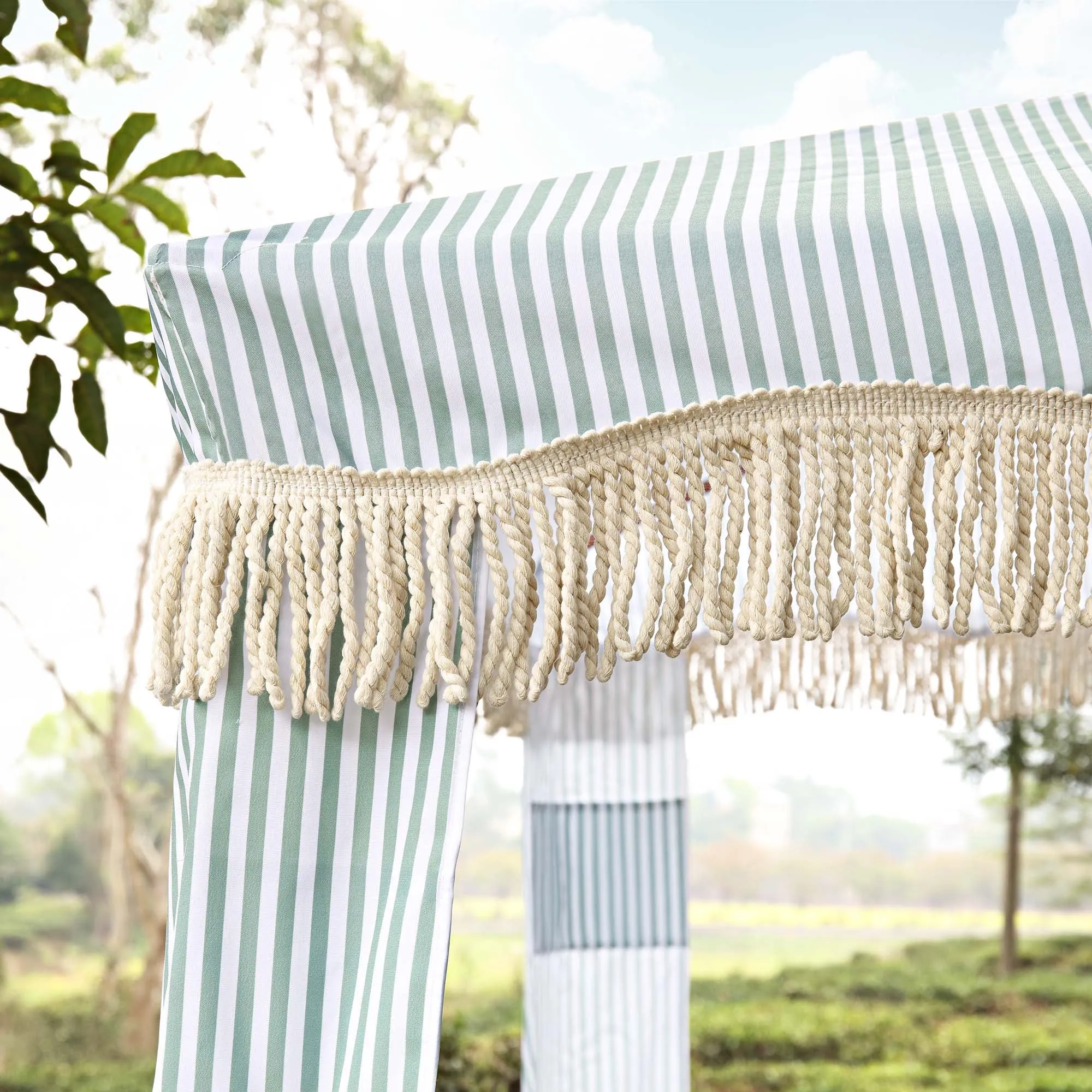 Gabriel Sage Green and White Striped Fringed Cabana