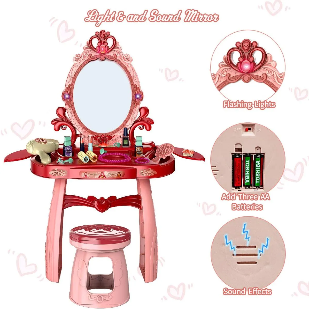 Girls Dressing Table Set with Sound and Light Mirror and Accessories (Pink)