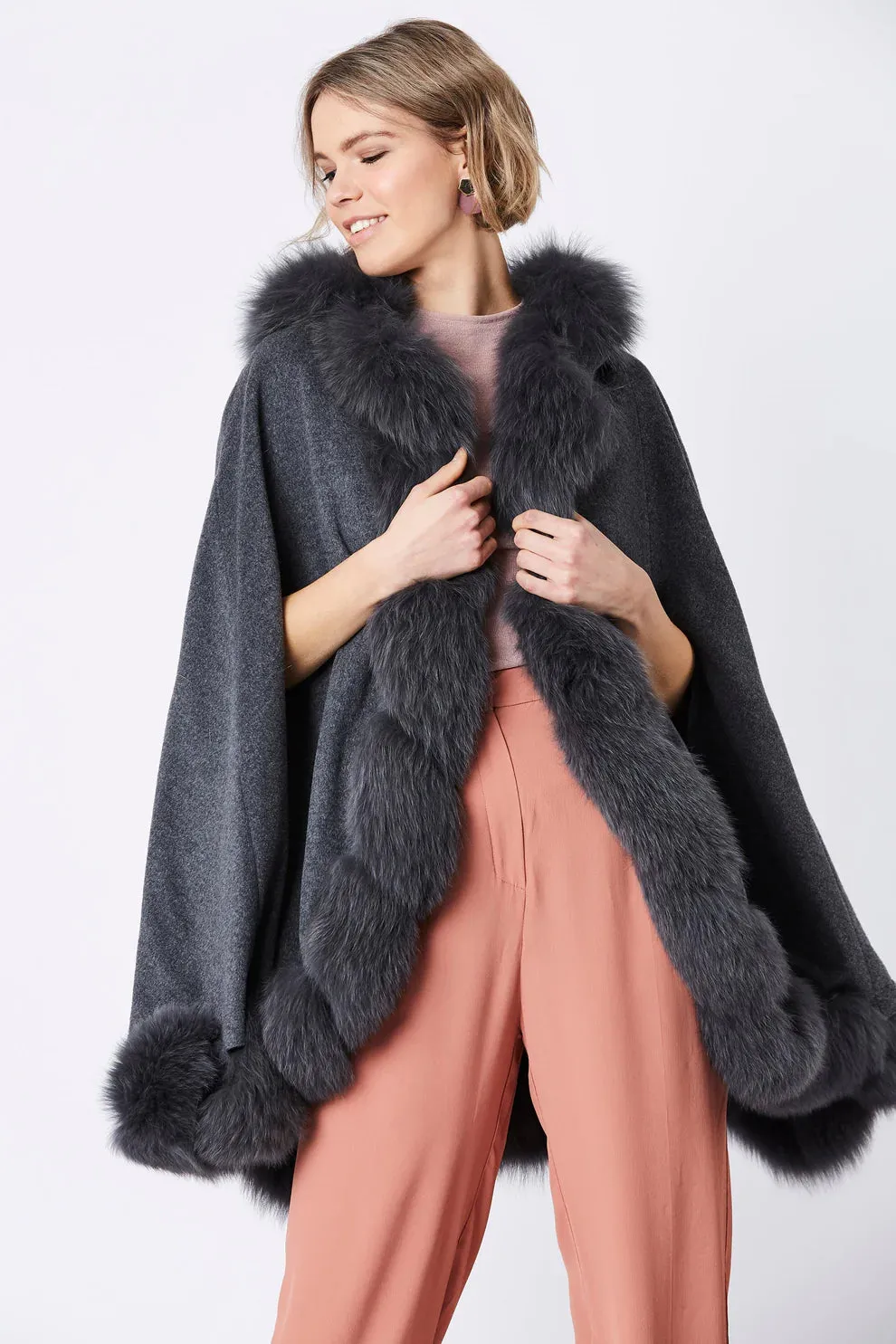 Grey Cashmere Hooded and Fox Fur Cape Coat