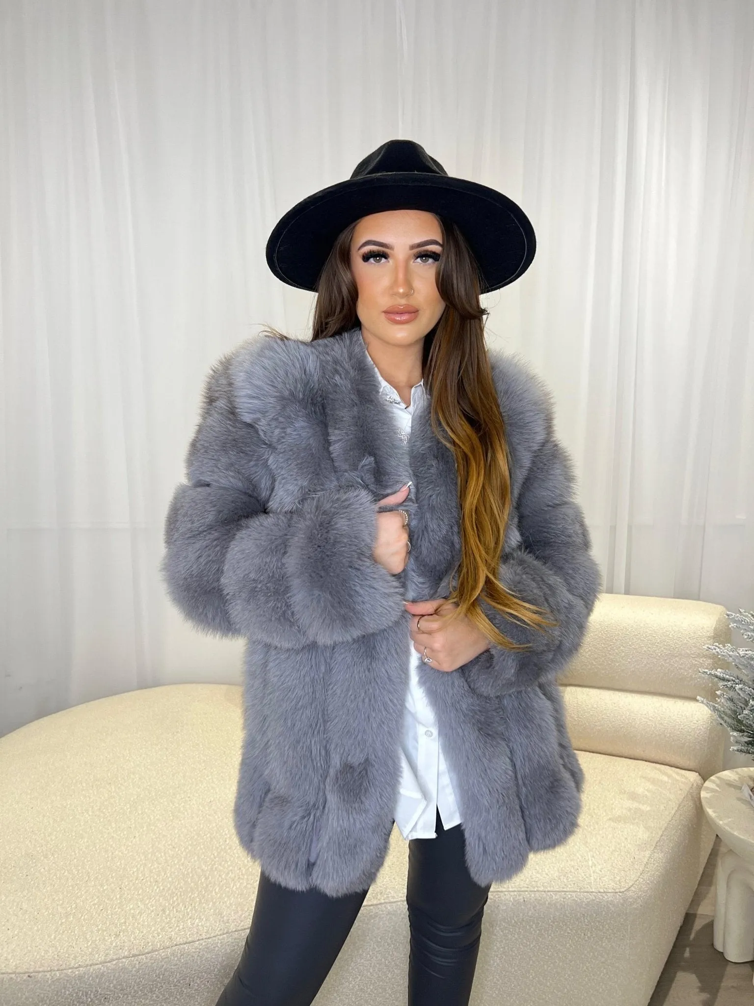 Grey Luxury Fur Mid Length Coat