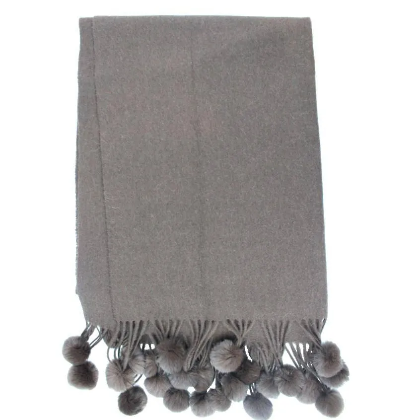 Grey Wrap with Rabbit Fur Pom Poms