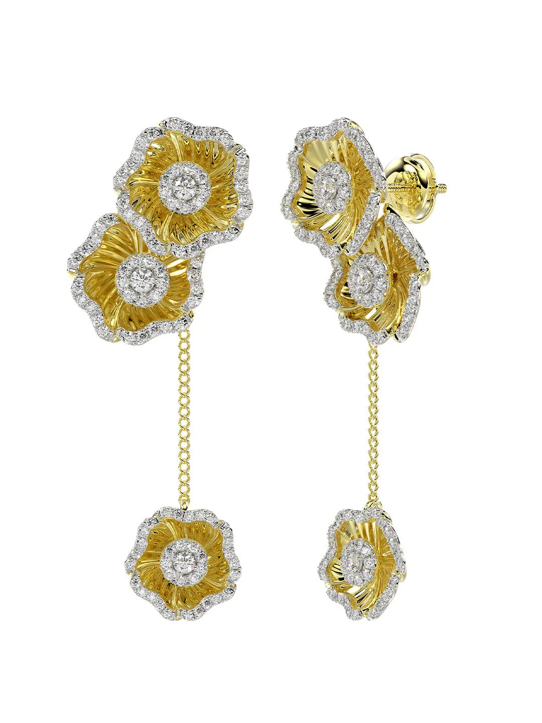 Halo Flower Yellow Gold Drop Earrings