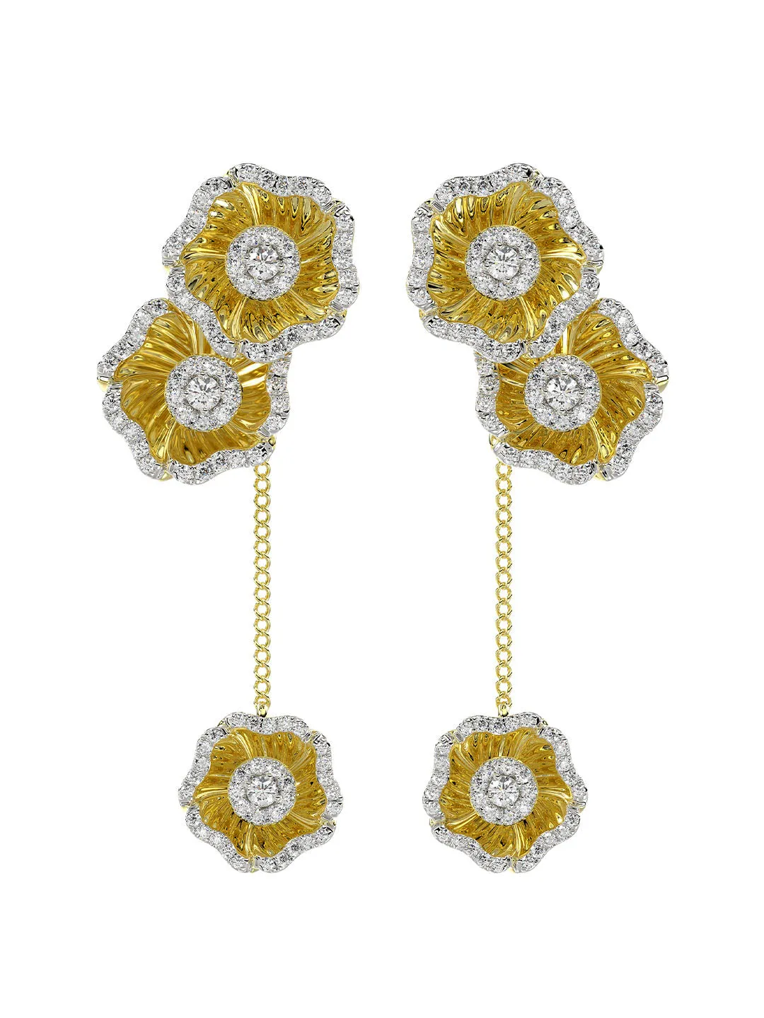 Halo Flower Yellow Gold Drop Earrings