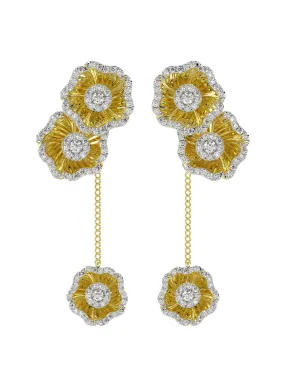 Halo Flower Yellow Gold Drop Earrings