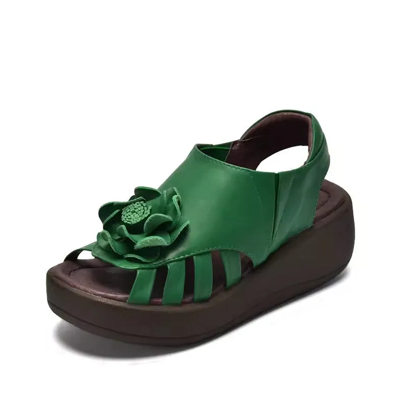 Handmade Leather 55mm Platform Sandals For Women with Flower Cut Out in Black/Green