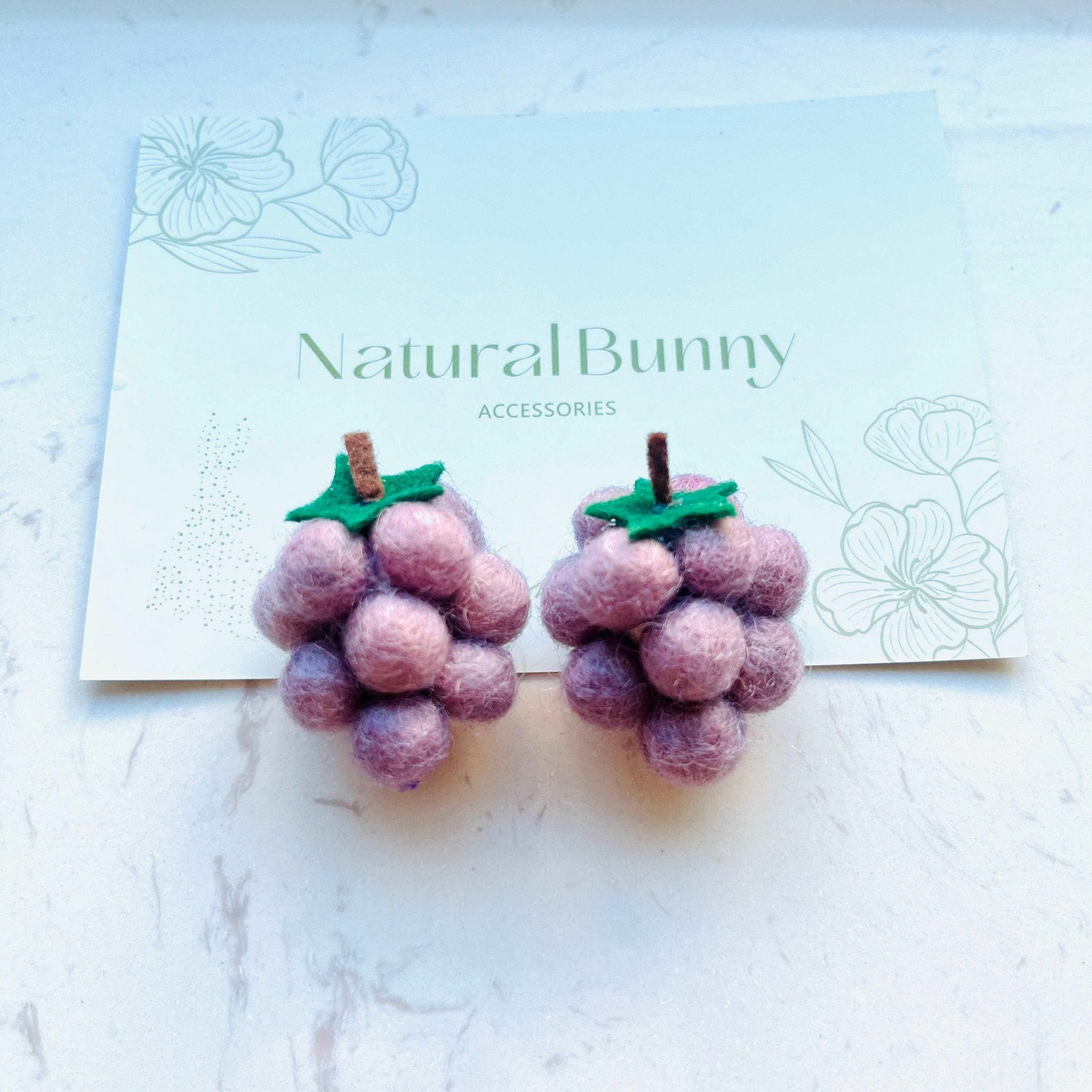 Handmade Wool Felt Grape Stud Earrings/Clip On Earrings