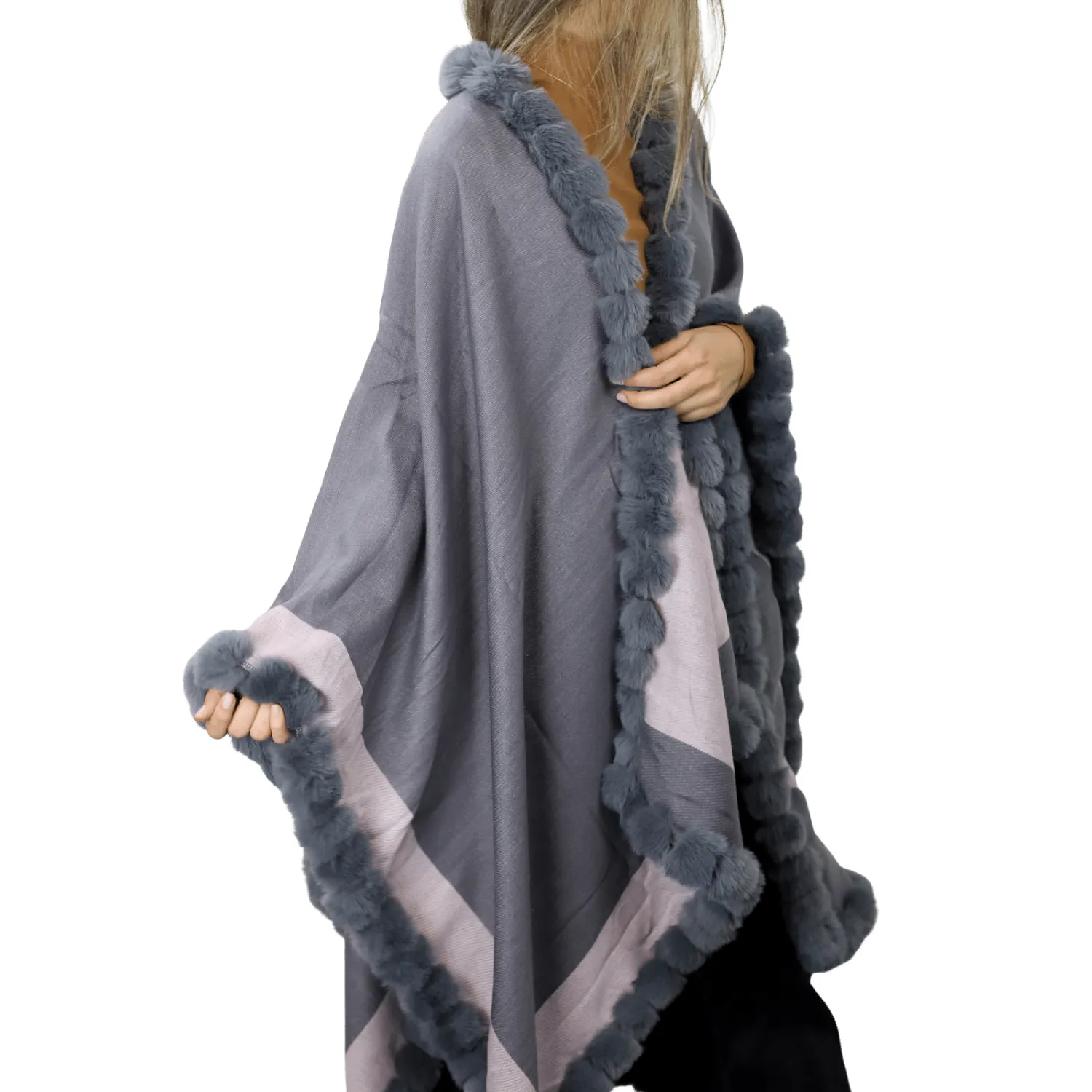 Houndstooth Cape/Wrap with Faux Trim - D.Gray / L.Gray