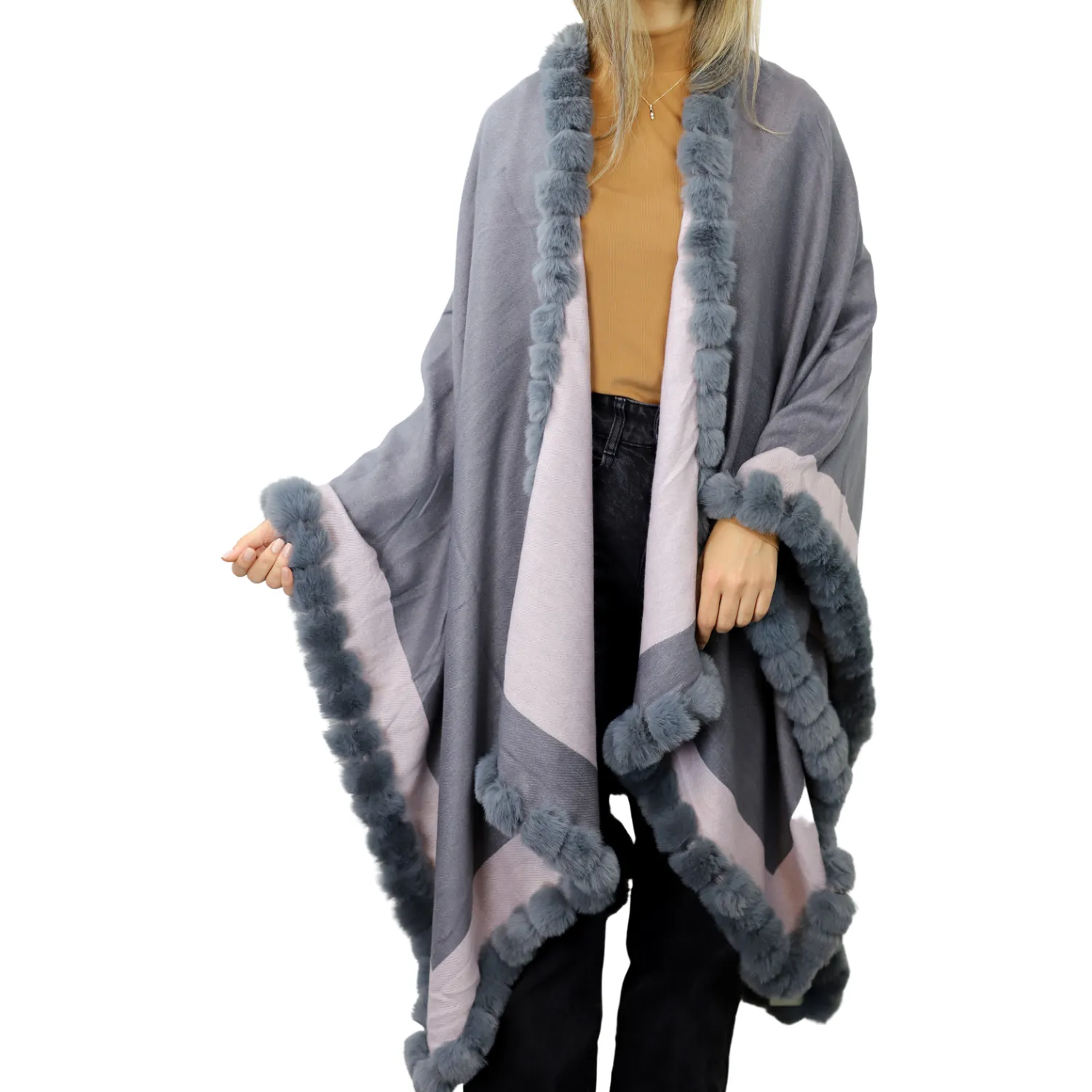 Houndstooth Cape/Wrap with Faux Trim - D.Gray / L.Gray