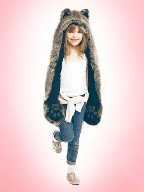 Kids Grey Wolf Faux Fur Hood