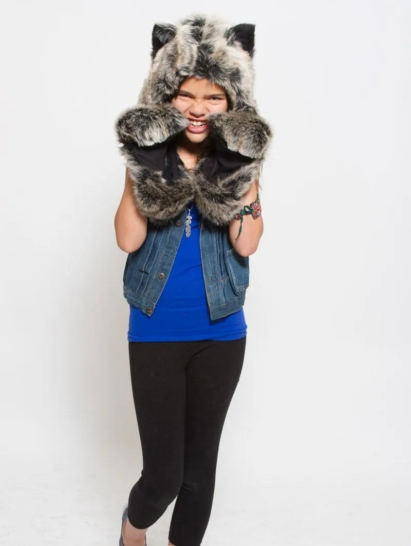 Kids Grey Wolf Faux Fur Hood