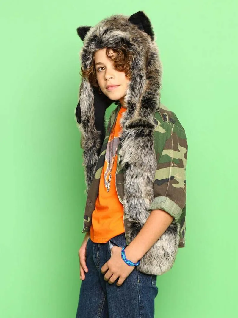 Kids Grey Wolf Faux Fur Hood