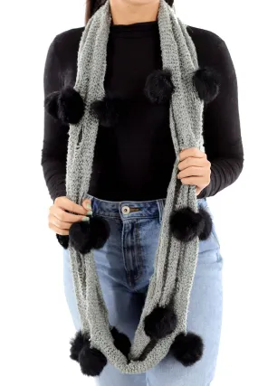 Knit Infinity Scarf w/ Rabbit Fur Pom Poms - Grey