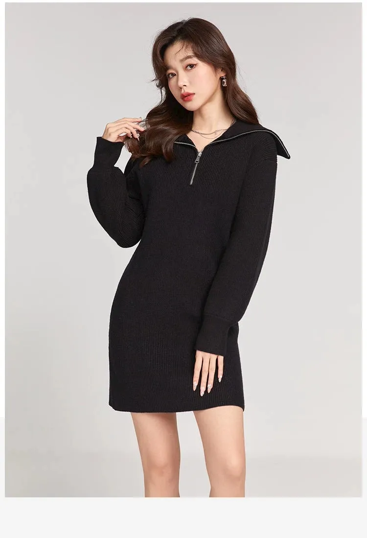 Knit Sweater Dress with Quarter-Zip Collar Detail