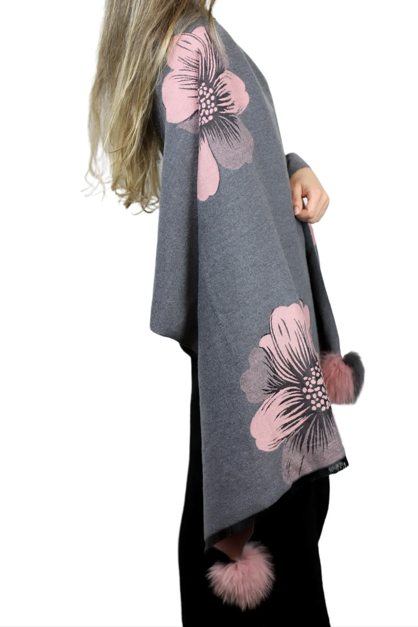 La Fiorentina  | Floral Print Wrap with Fox Poms | Grey/Pink