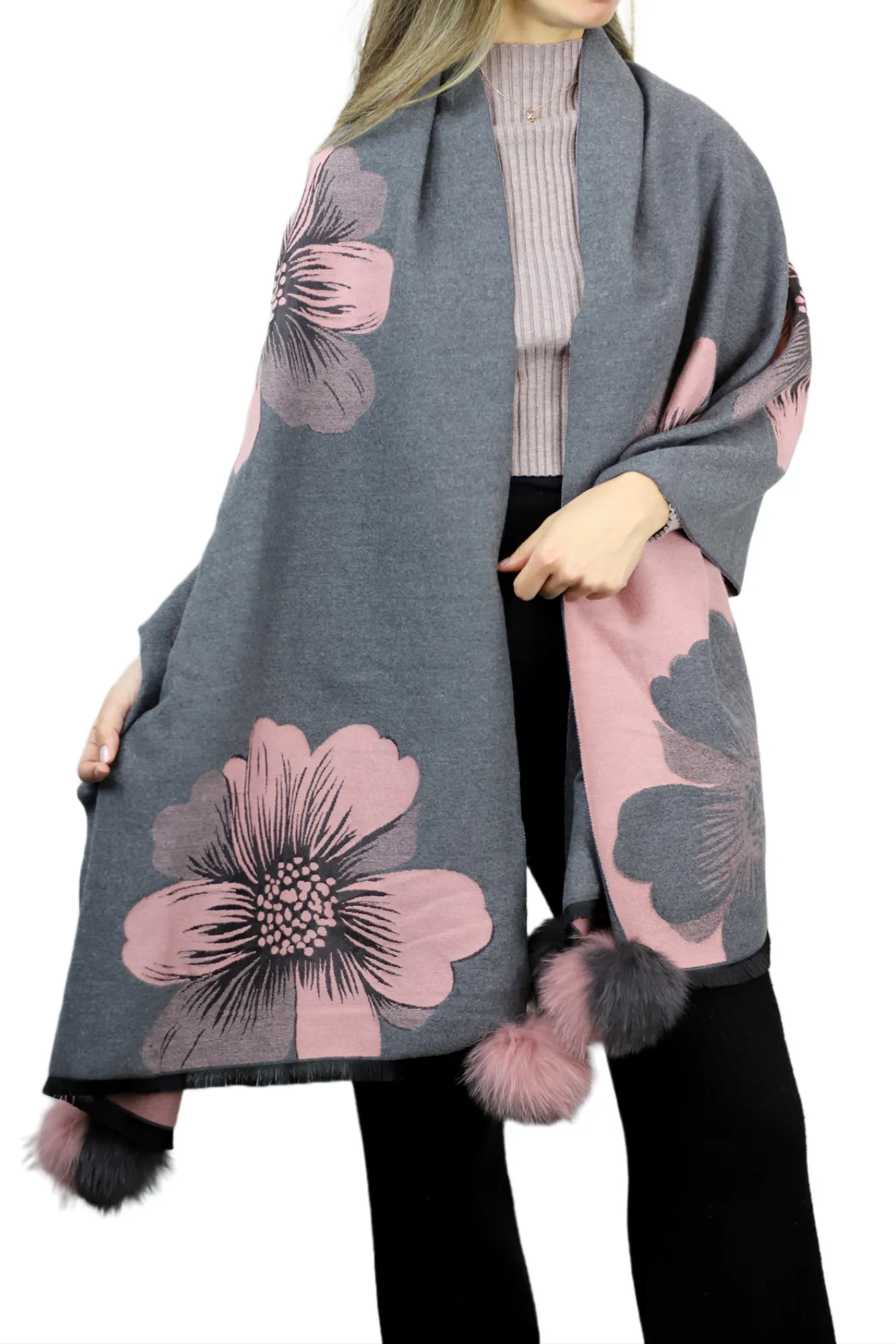 La Fiorentina  | Floral Print Wrap with Fox Poms | Grey/Pink