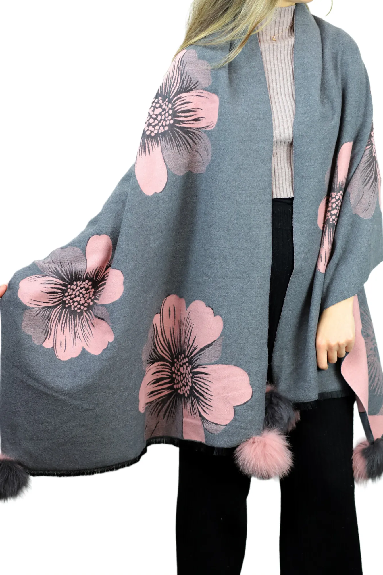 La Fiorentina  | Floral Print Wrap with Fox Poms | Grey/Pink