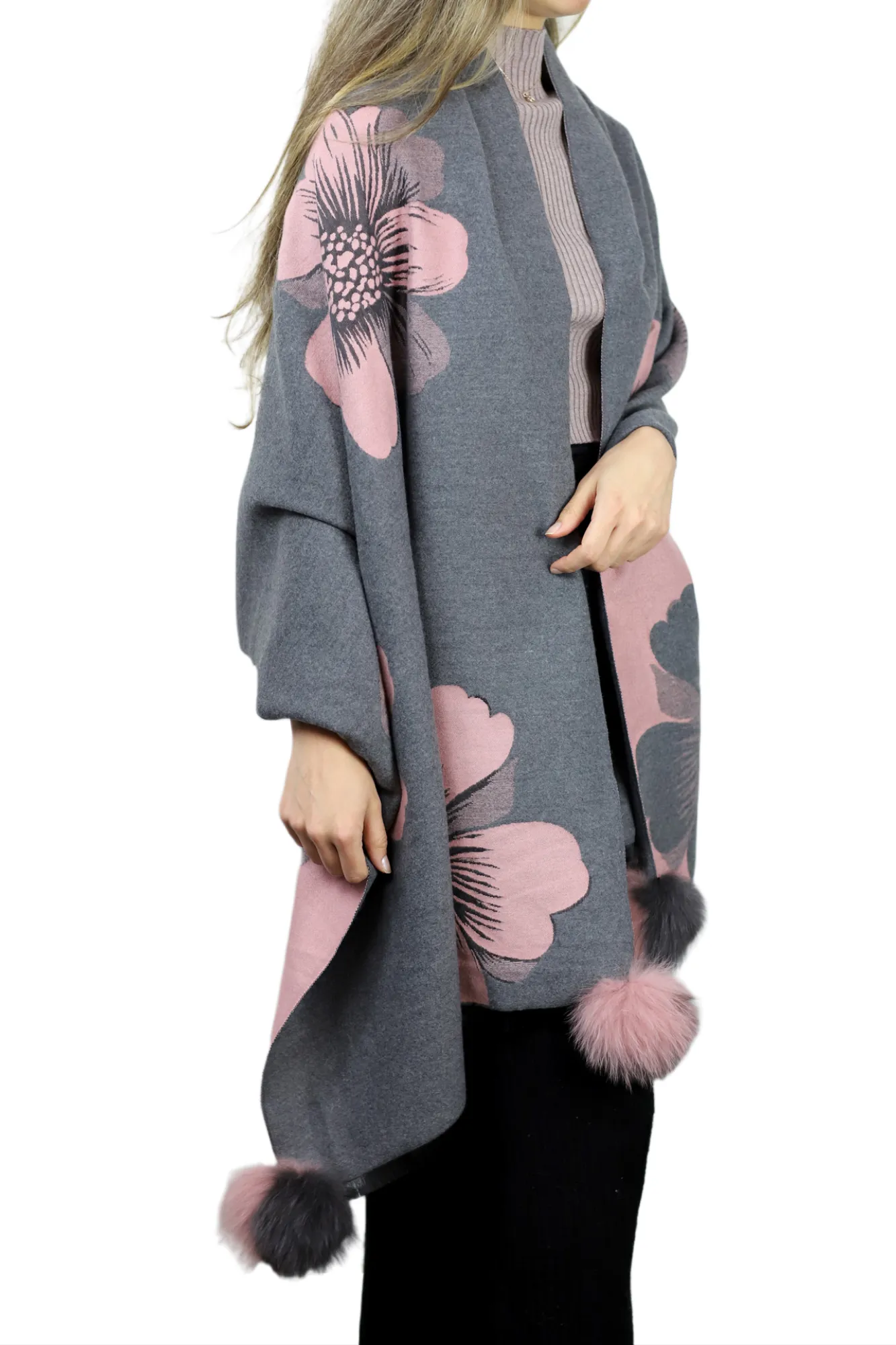 La Fiorentina  | Floral Print Wrap with Fox Poms | Grey/Pink