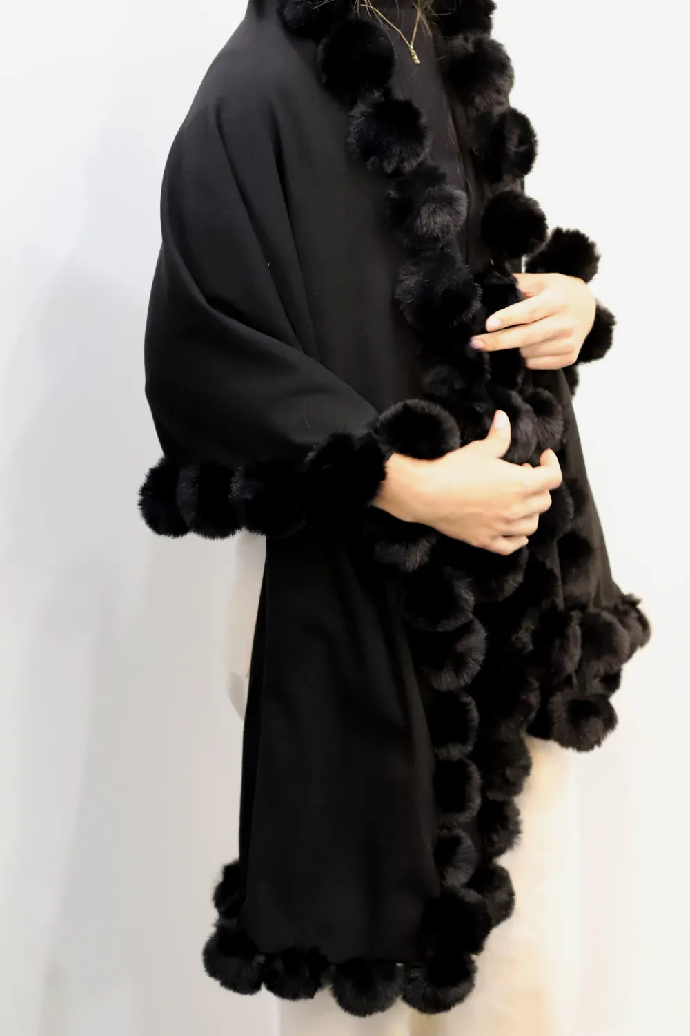 La Fiorentina Wrap /w Faux Pom-Pom Detail - Black