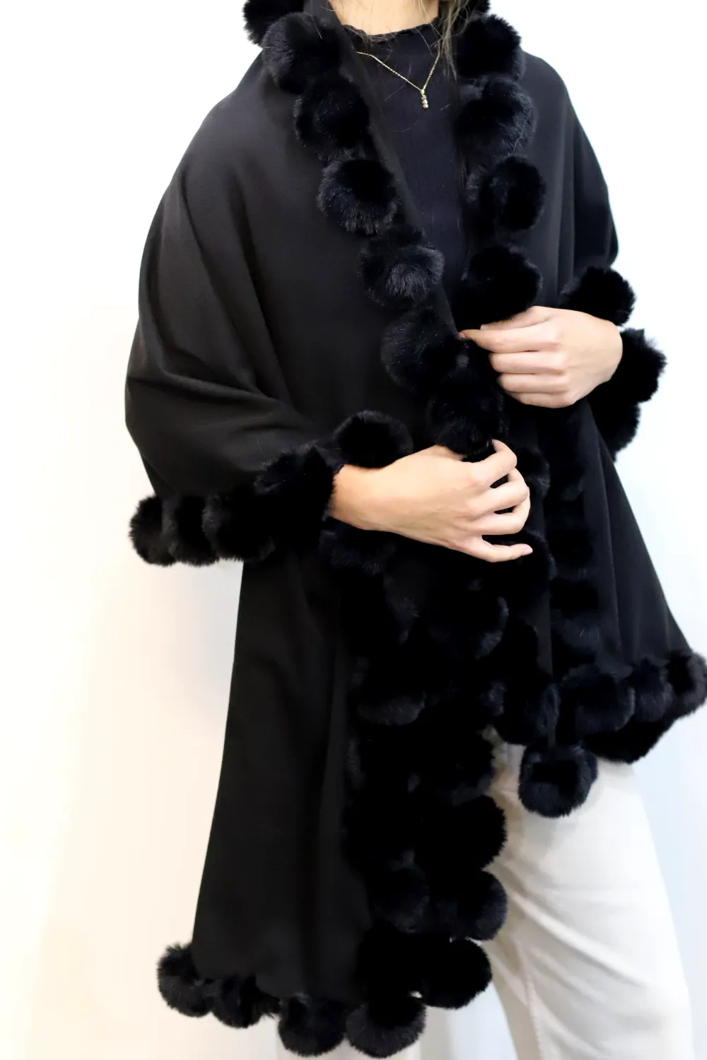 La Fiorentina Wrap /w Faux Pom-Pom Detail - Black