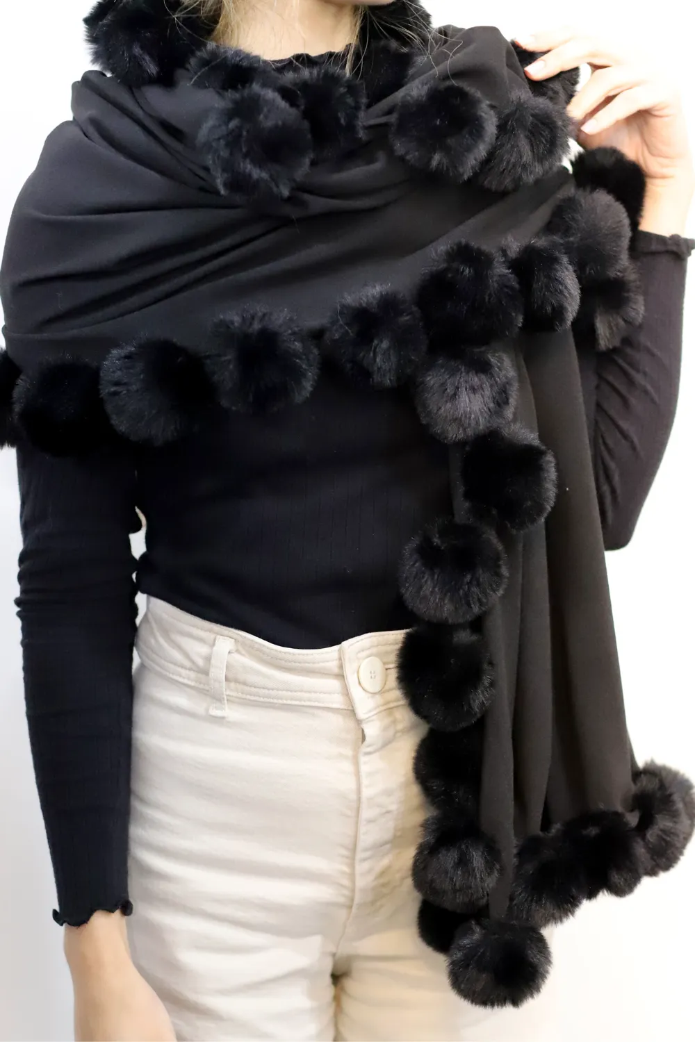 La Fiorentina Wrap /w Faux Pom-Pom Detail - Black