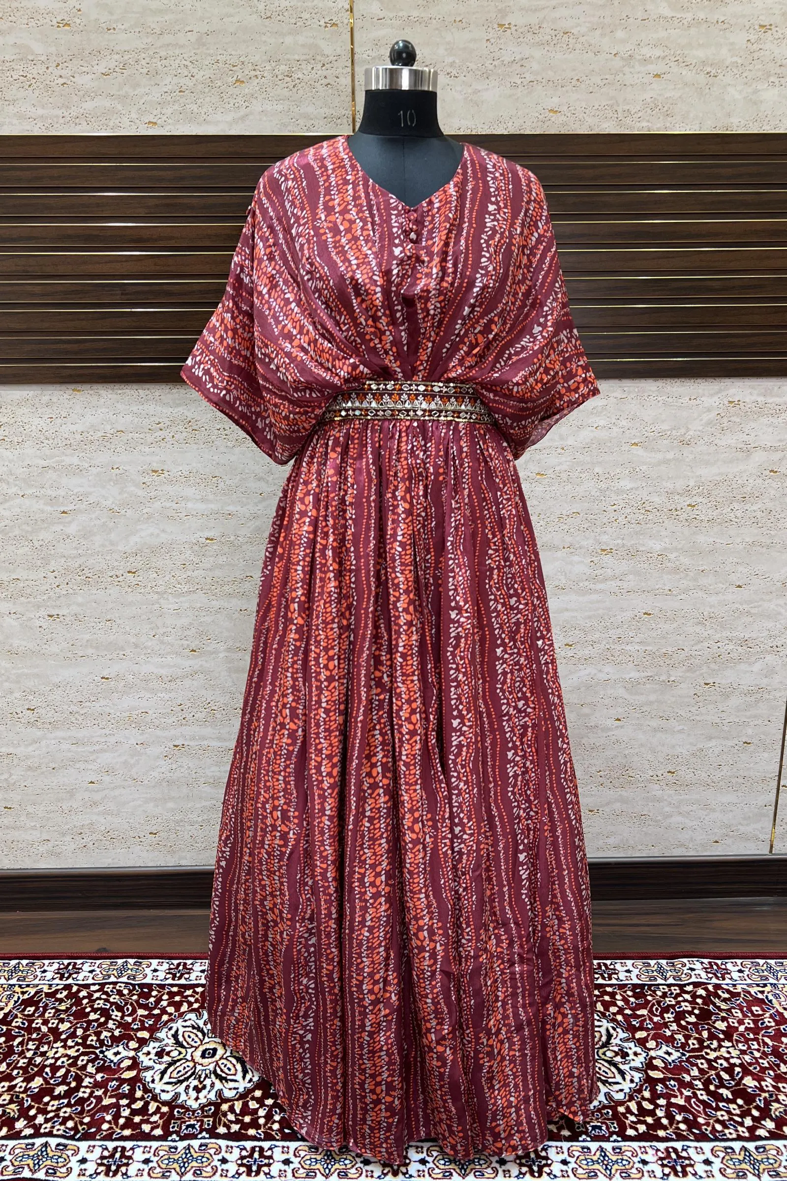 Maroon Sequins, Thread and Beads work with Printed Poncho Style Anarkali Gown