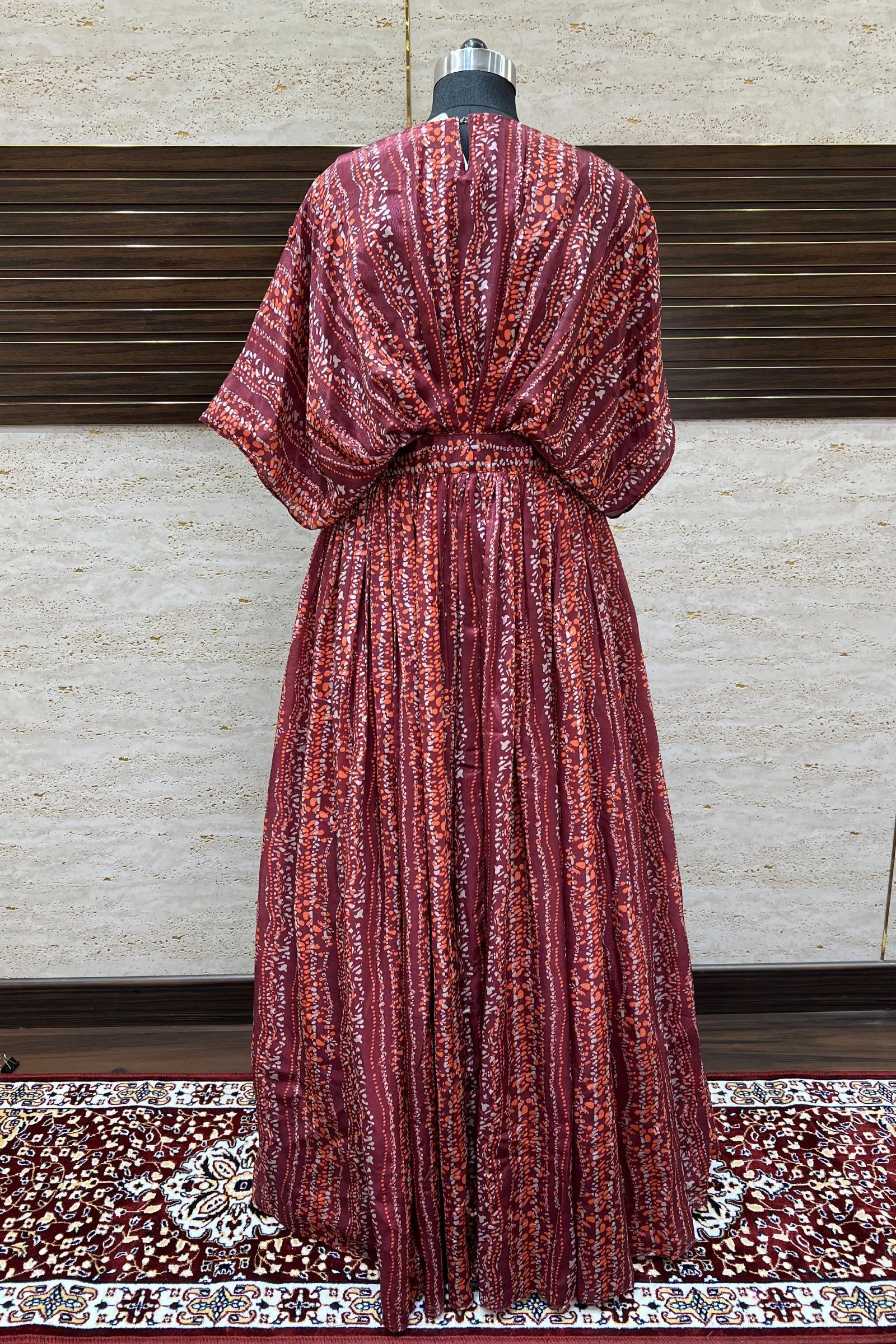 Maroon Sequins, Thread and Beads work with Printed Poncho Style Anarkali Gown