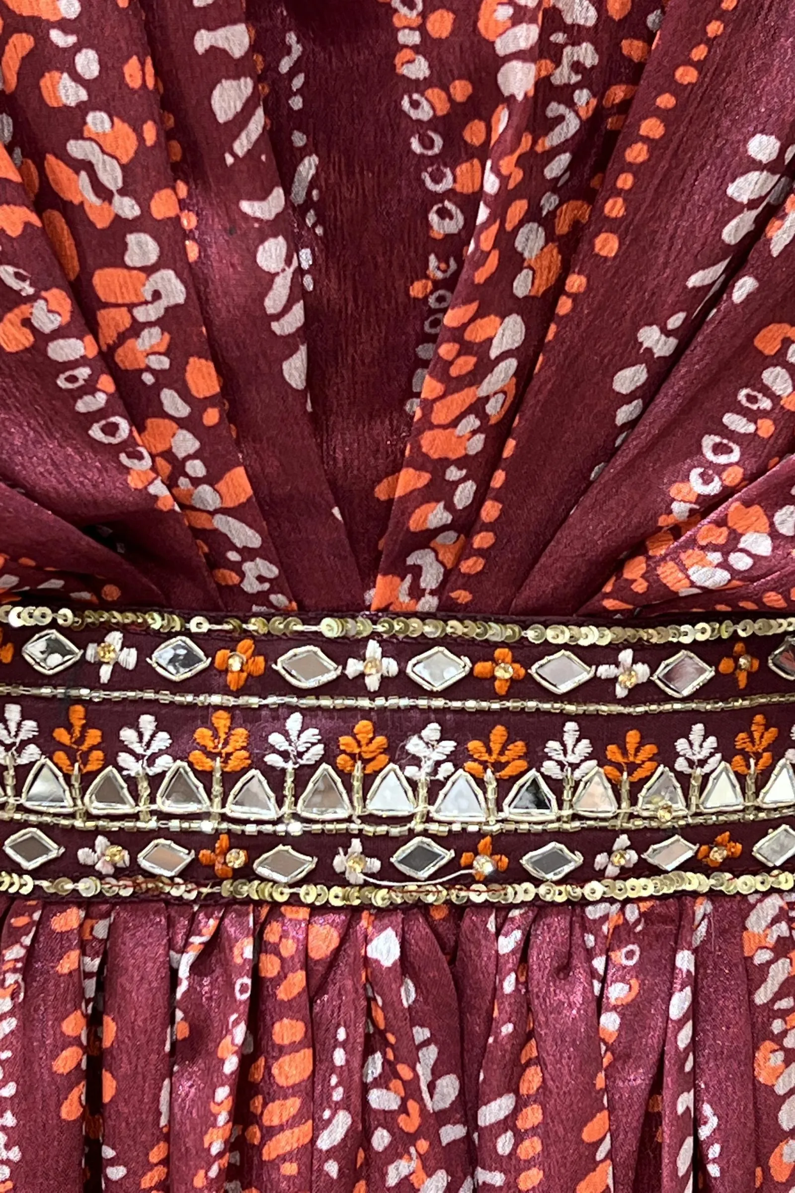 Maroon Sequins, Thread and Beads work with Printed Poncho Style Anarkali Gown