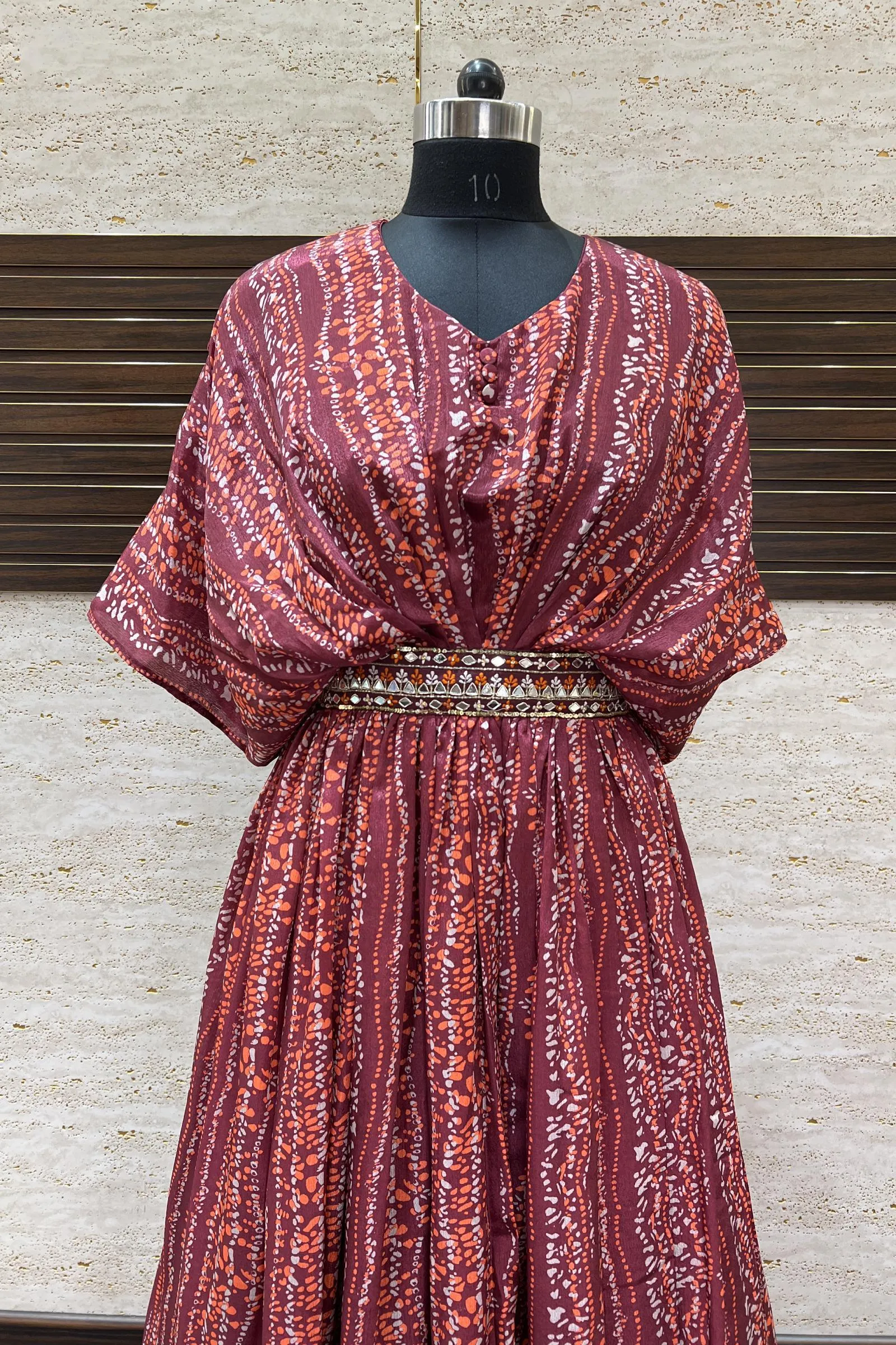 Maroon Sequins, Thread and Beads work with Printed Poncho Style Anarkali Gown