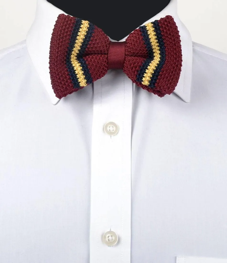 Maroon with Navy & Yellow Stripes Knitted Bow Tie