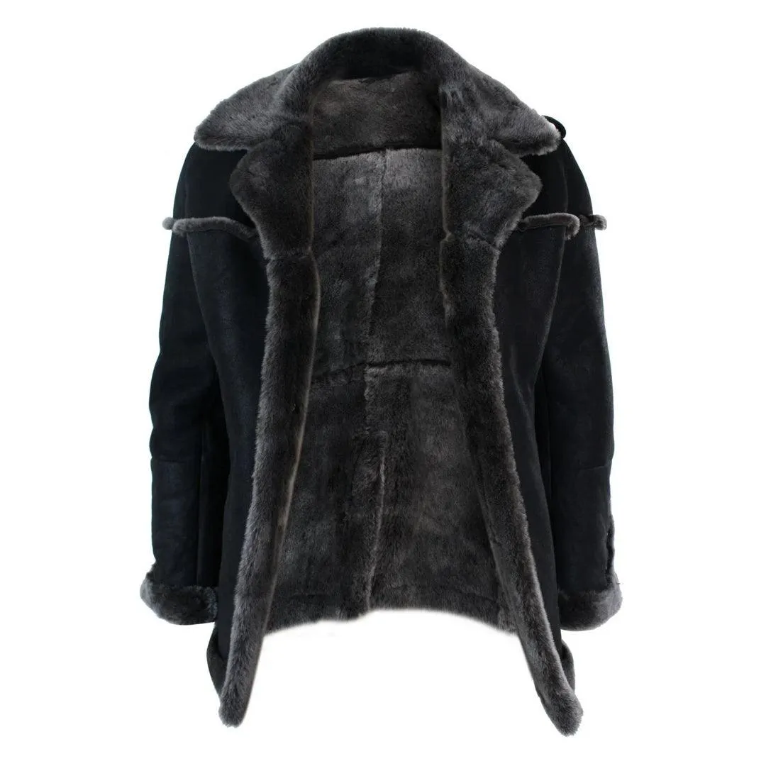 Mens Double Breasted Real Sherling Navy Captain Sheepskin Jacket Belted Grey Black