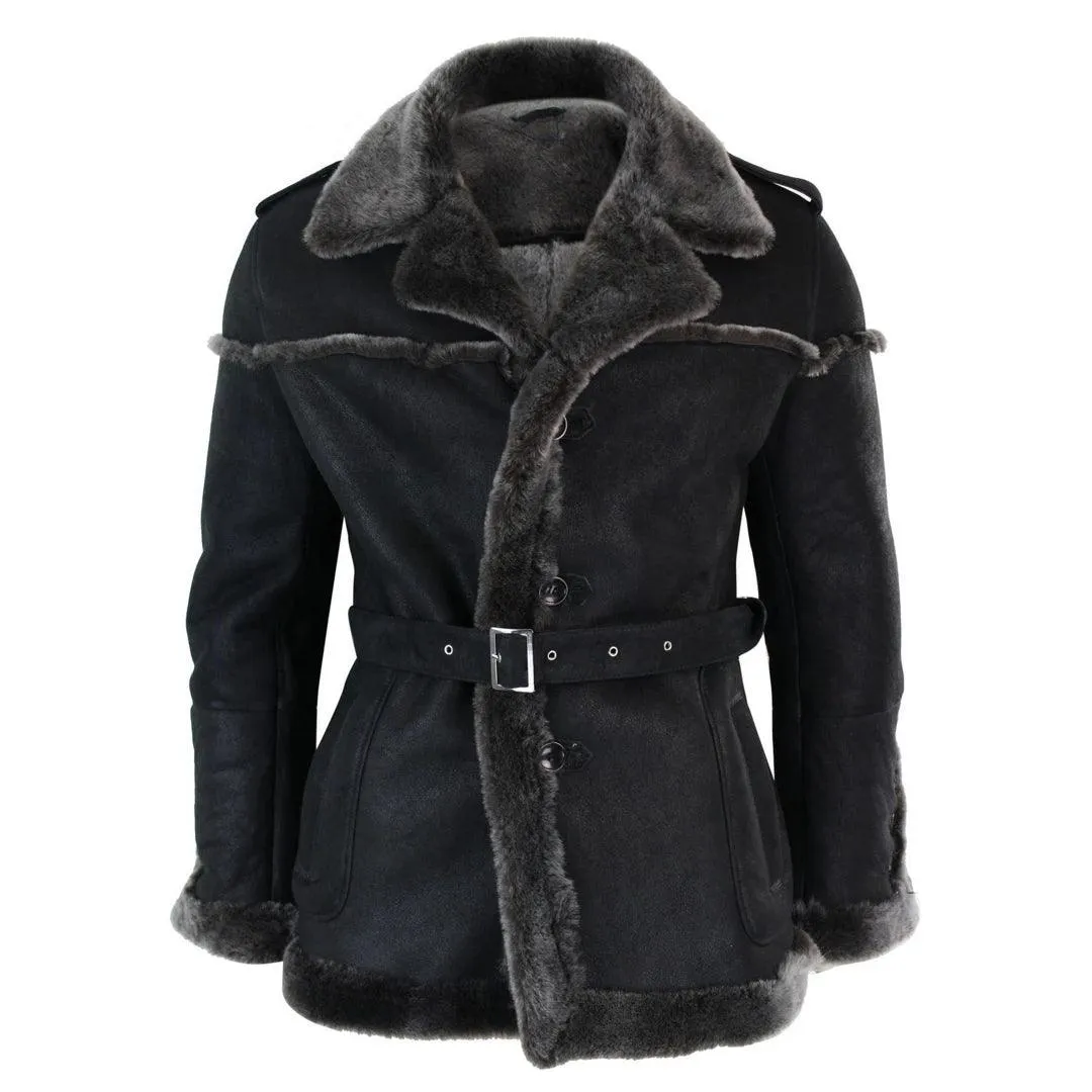 Mens Double Breasted Real Sherling Navy Captain Sheepskin Jacket Belted Grey Black