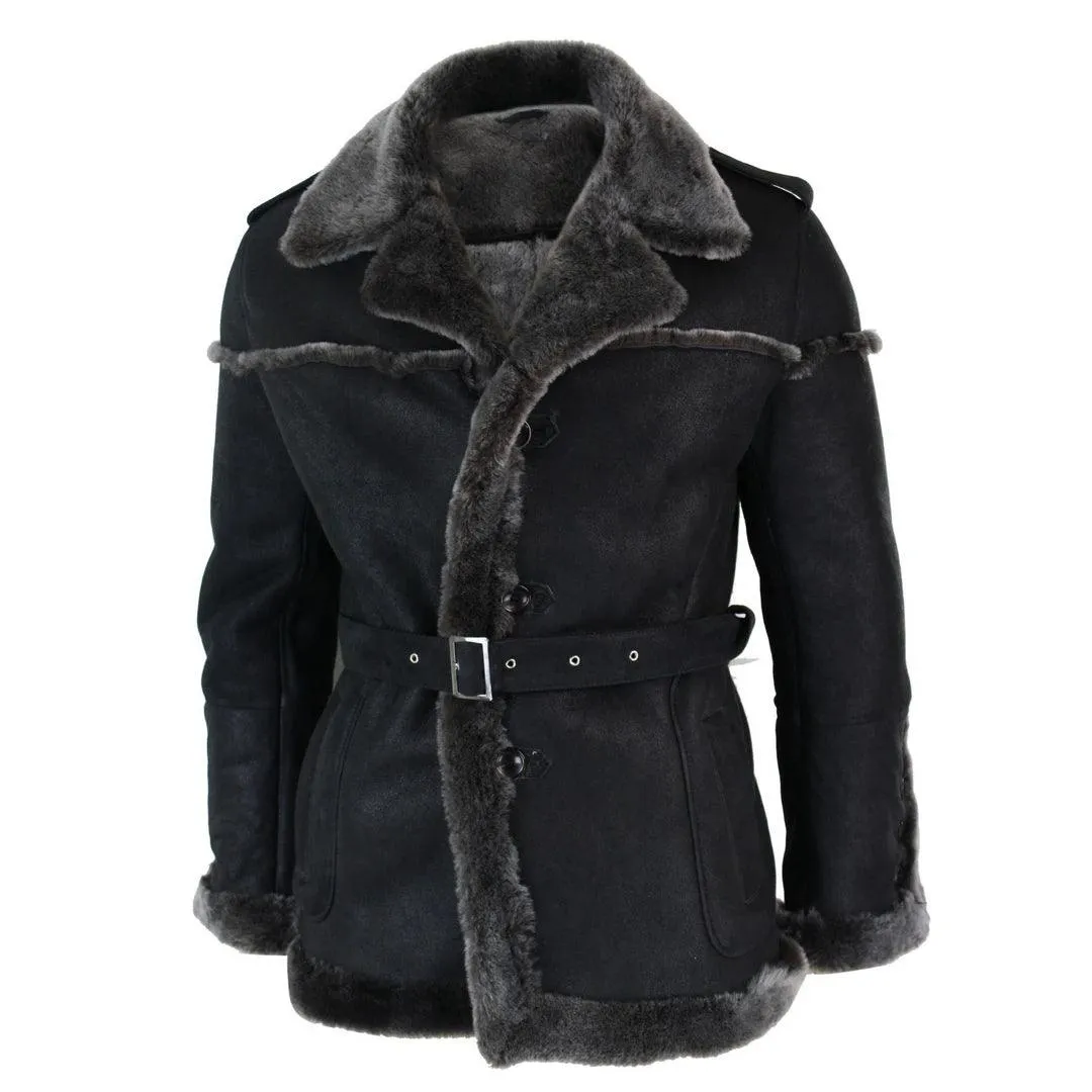 Mens Double Breasted Real Sherling Navy Captain Sheepskin Jacket Belted Grey Black