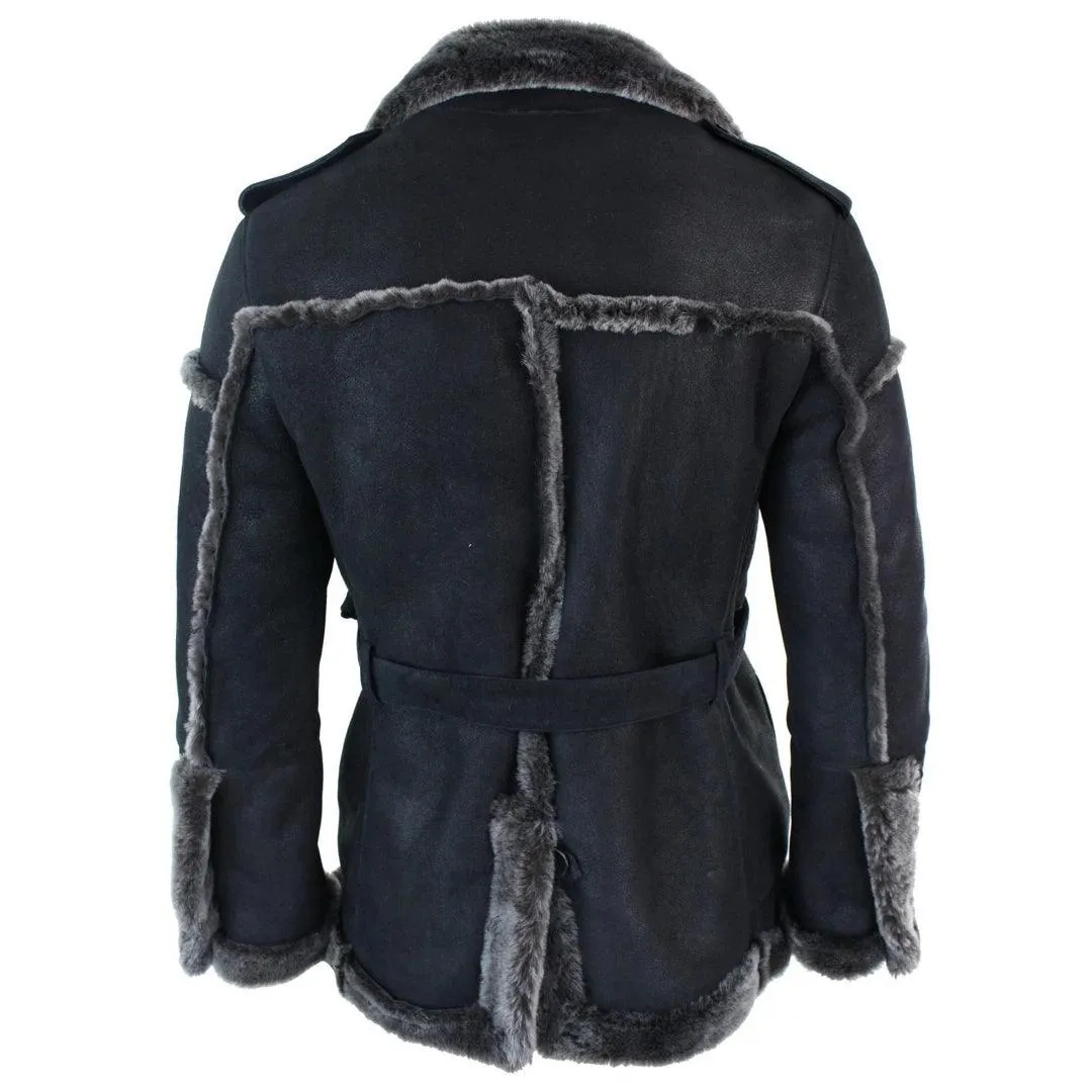 Mens Double Breasted Real Sherling Navy Captain Sheepskin Jacket Belted Grey Black