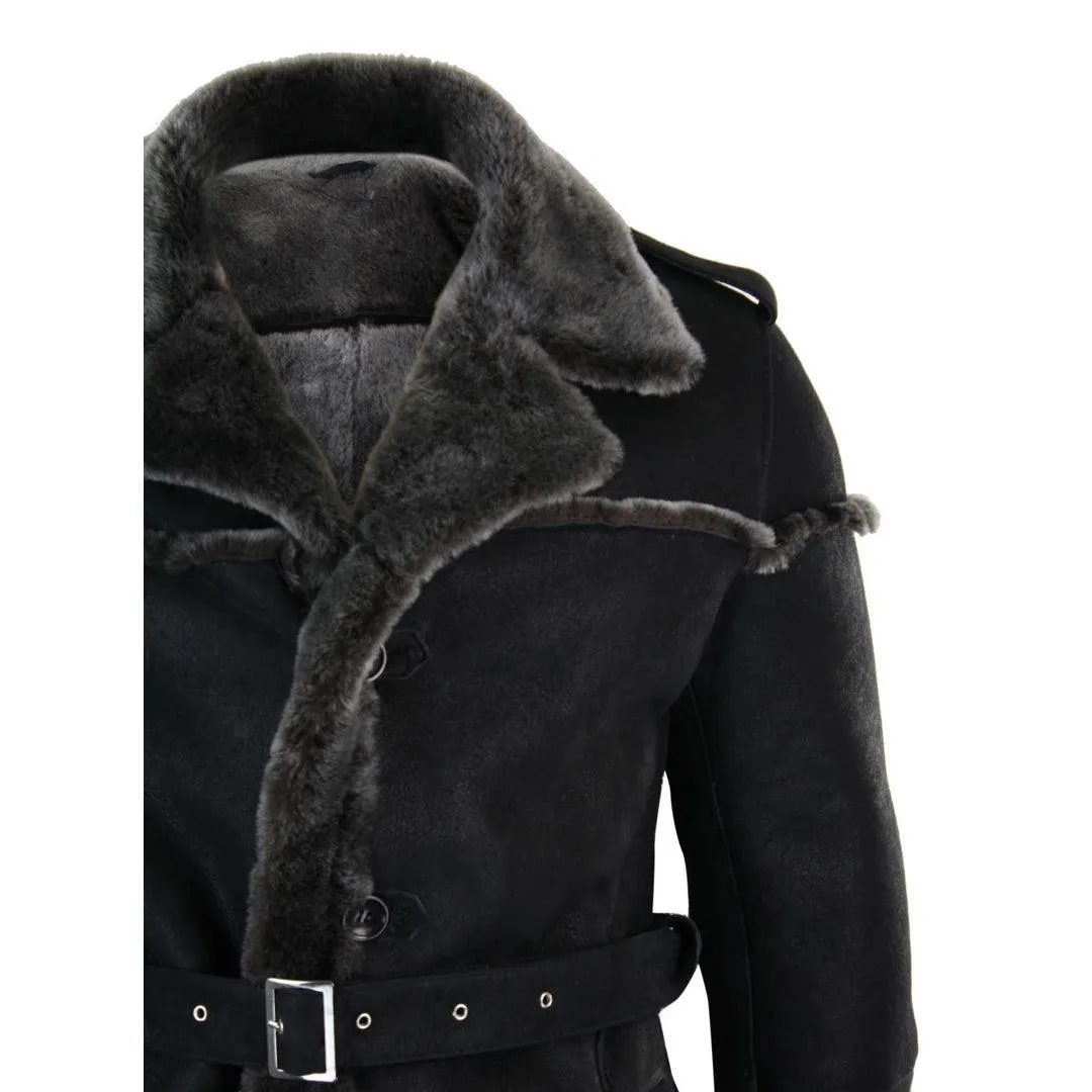 Mens Double Breasted Real Sherling Navy Captain Sheepskin Jacket Belted Grey Black