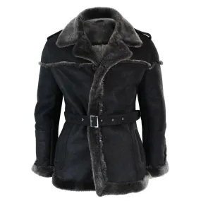 Mens Double Breasted Real Sherling Navy Captain Sheepskin Jacket Belted Grey Black